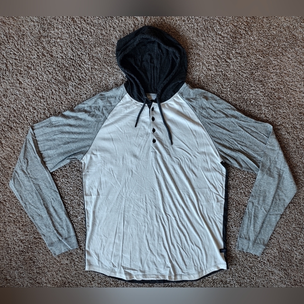 Good Man Brand Gray Color block Henley Hooded Long Sleeve Shirt Medium NWOT